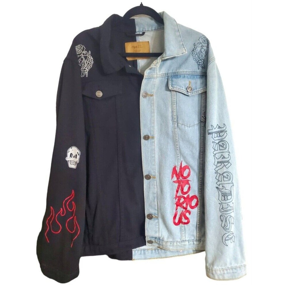 Rue 21 Designer Color Block Double Sided Skull Graffiti Denim Jacket 2XL
